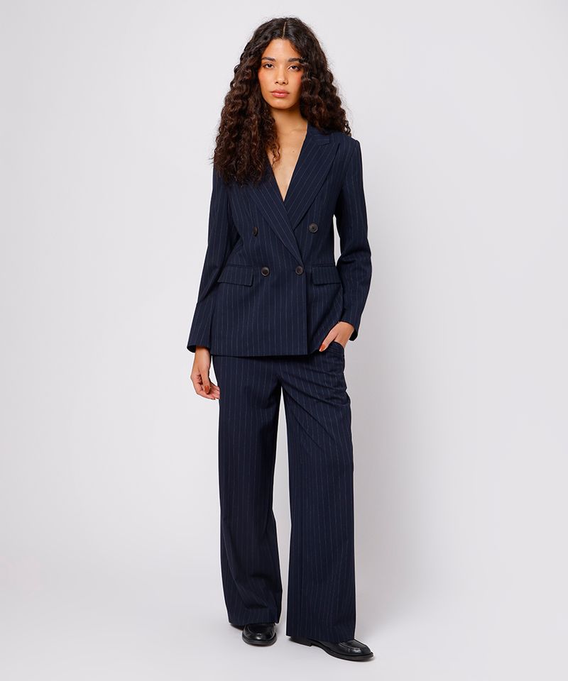 calça reta feminina de alfaiataria risca de giz mindset azul