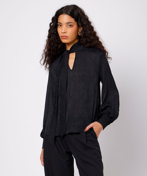 blusa feminina floral texturizada gola laço mindset preta