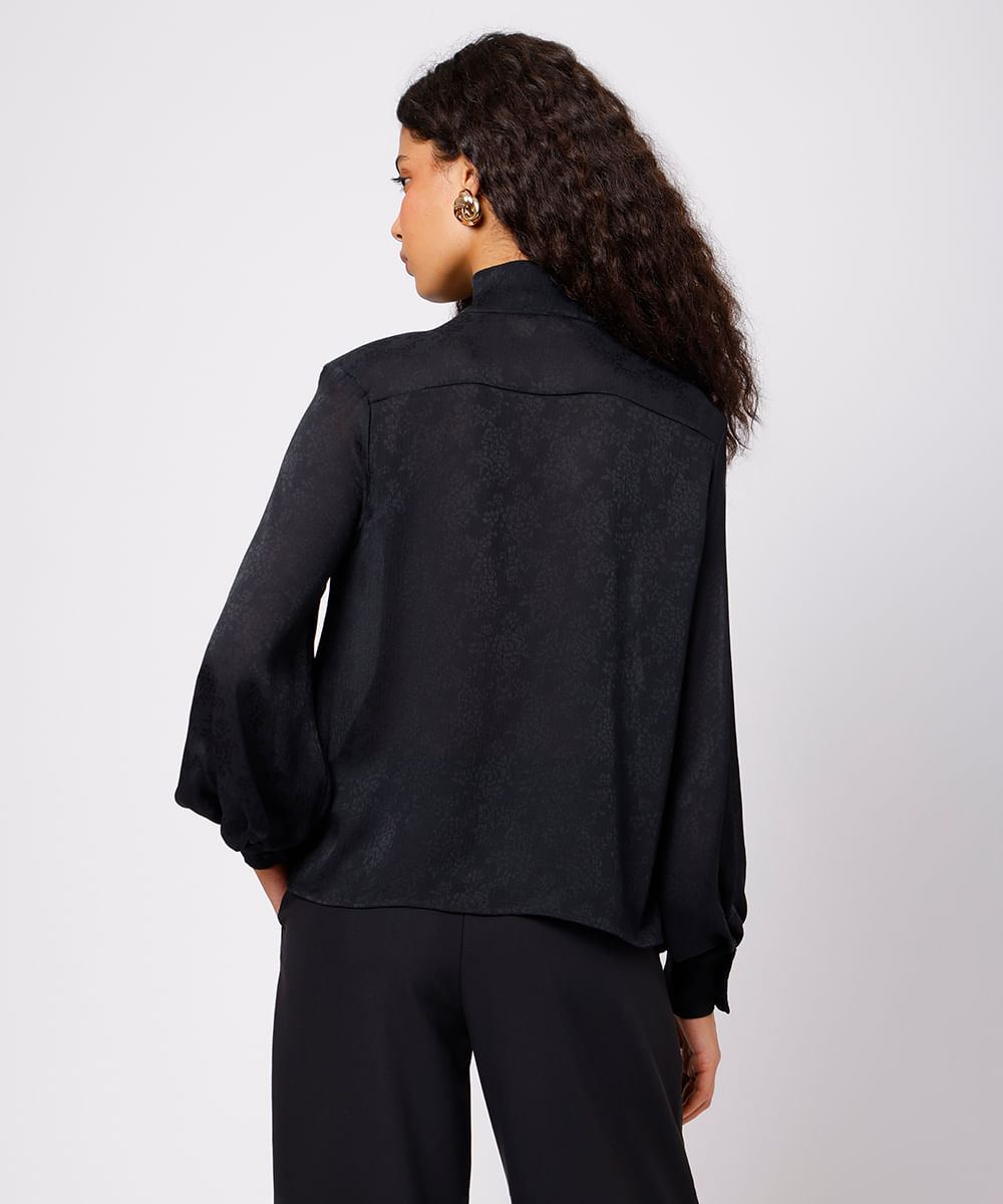 blusa feminina floral texturizada gola laço mindset preta