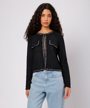 cardigan feminino de tricot com paetê mindset preto