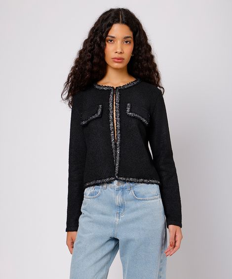 cardigan feminino de tricot com paetê mindset preto
