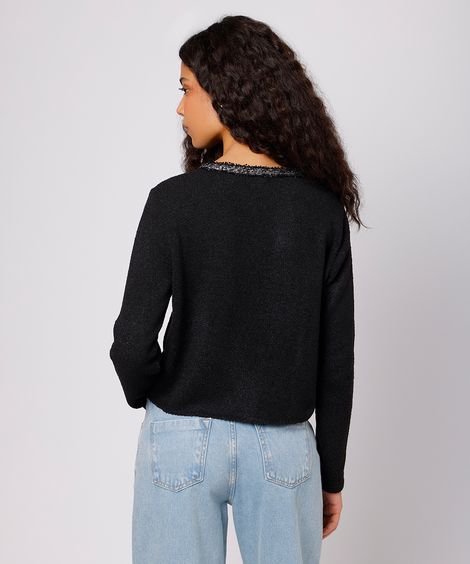 cardigan feminino de tricot com paetê mindset preto