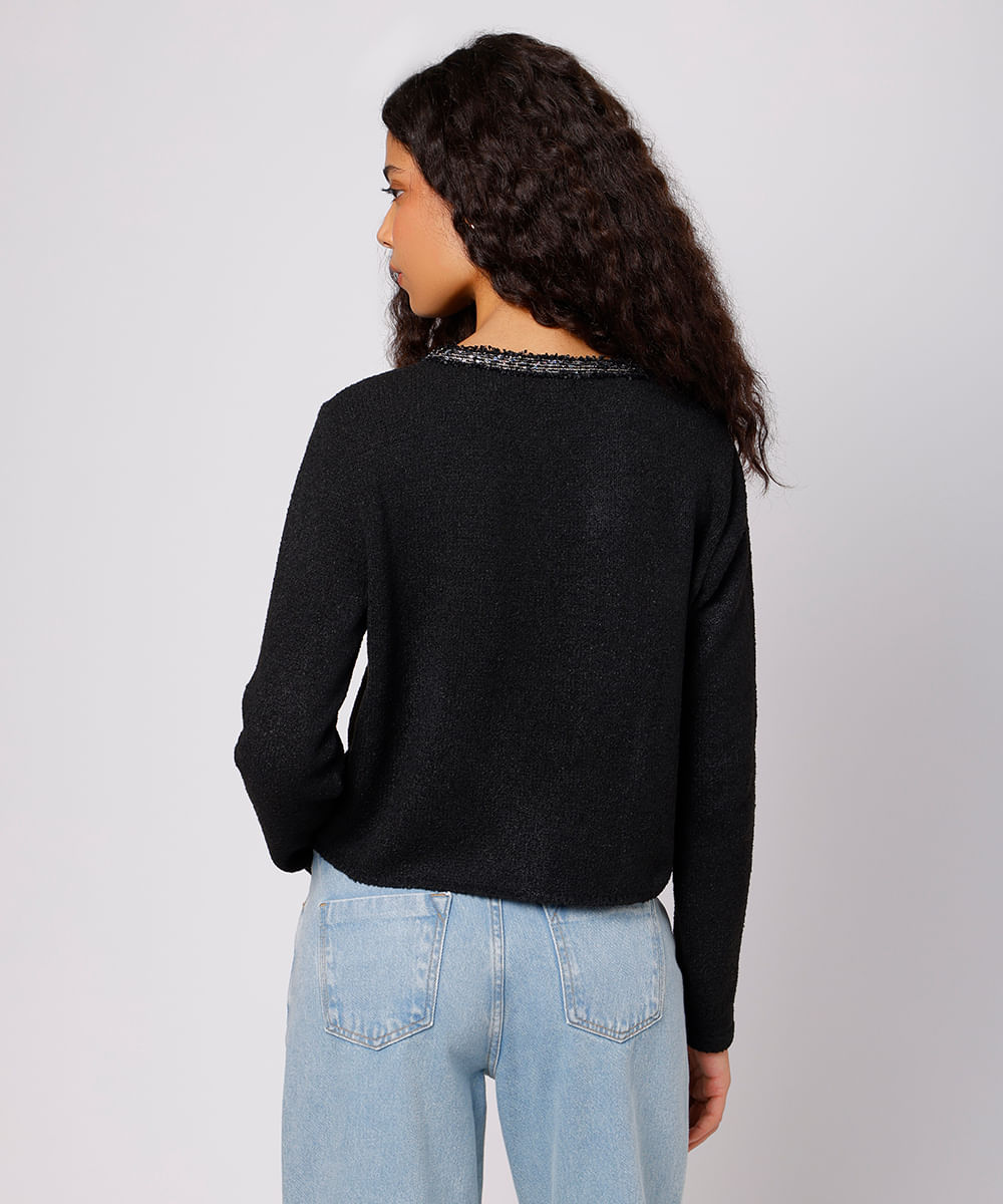 cardigan feminino de tricot com paetê mindset preto