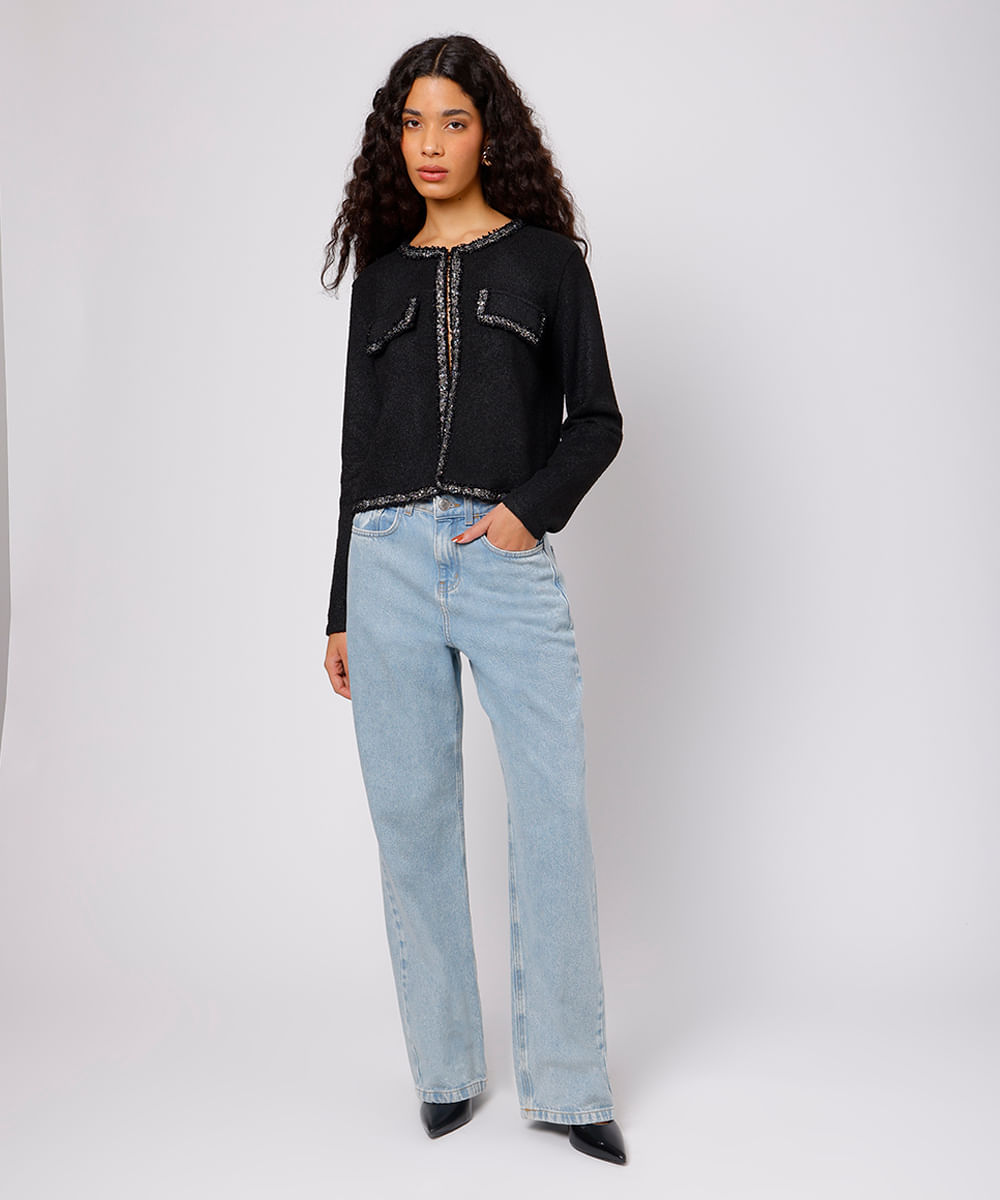 cardigan feminino de tricot com paetê mindset preto