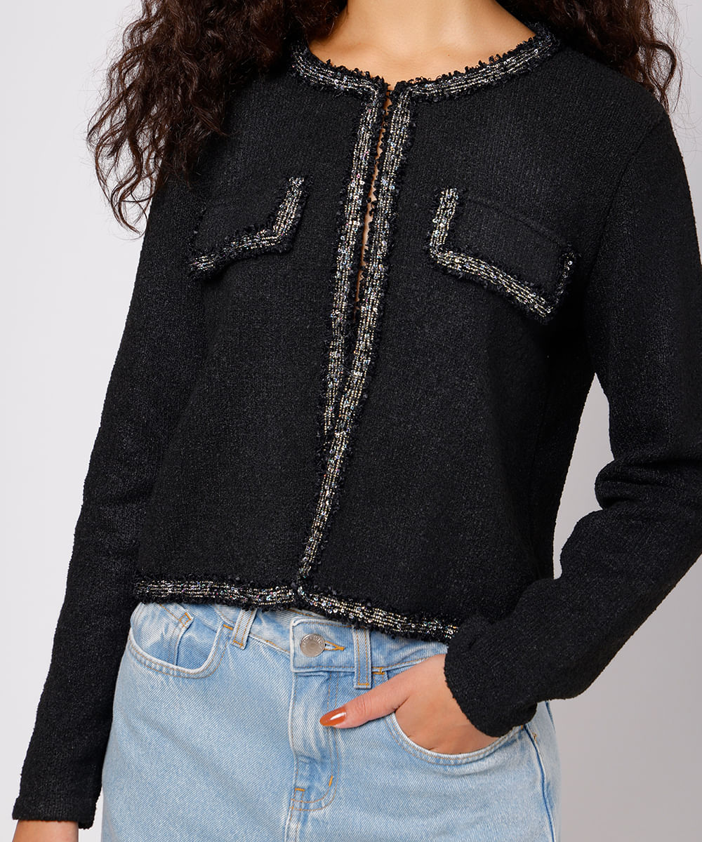 cardigan feminino de tricot com paetê mindset preto