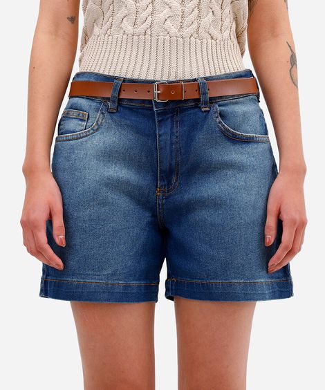 short feminino jeans com cinto azul