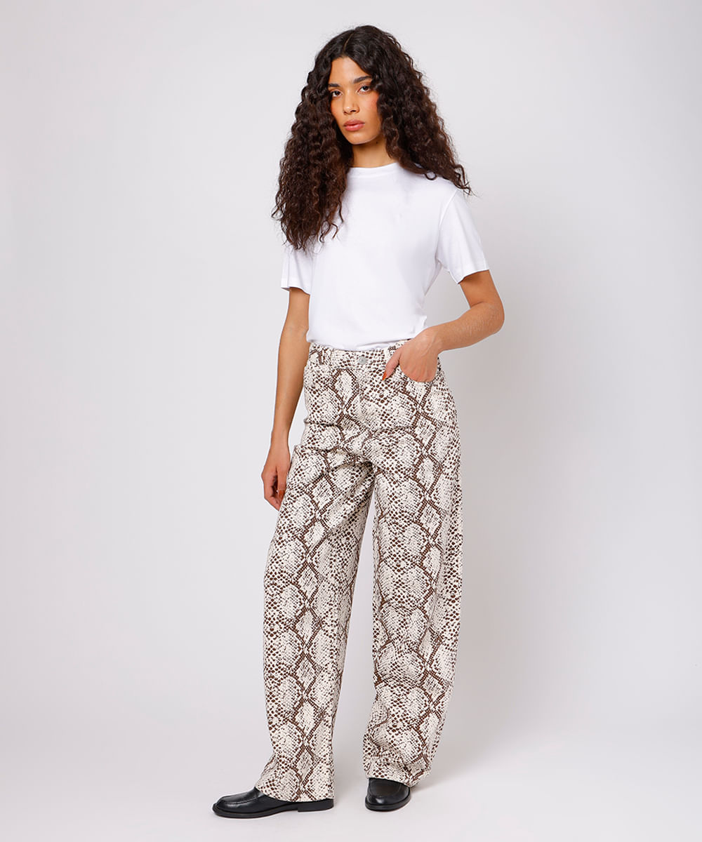 calça reta copenhagen feminina de sarja animal print colorida