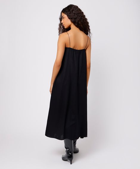 vestido midi slip dress com linho e renda mindset preto