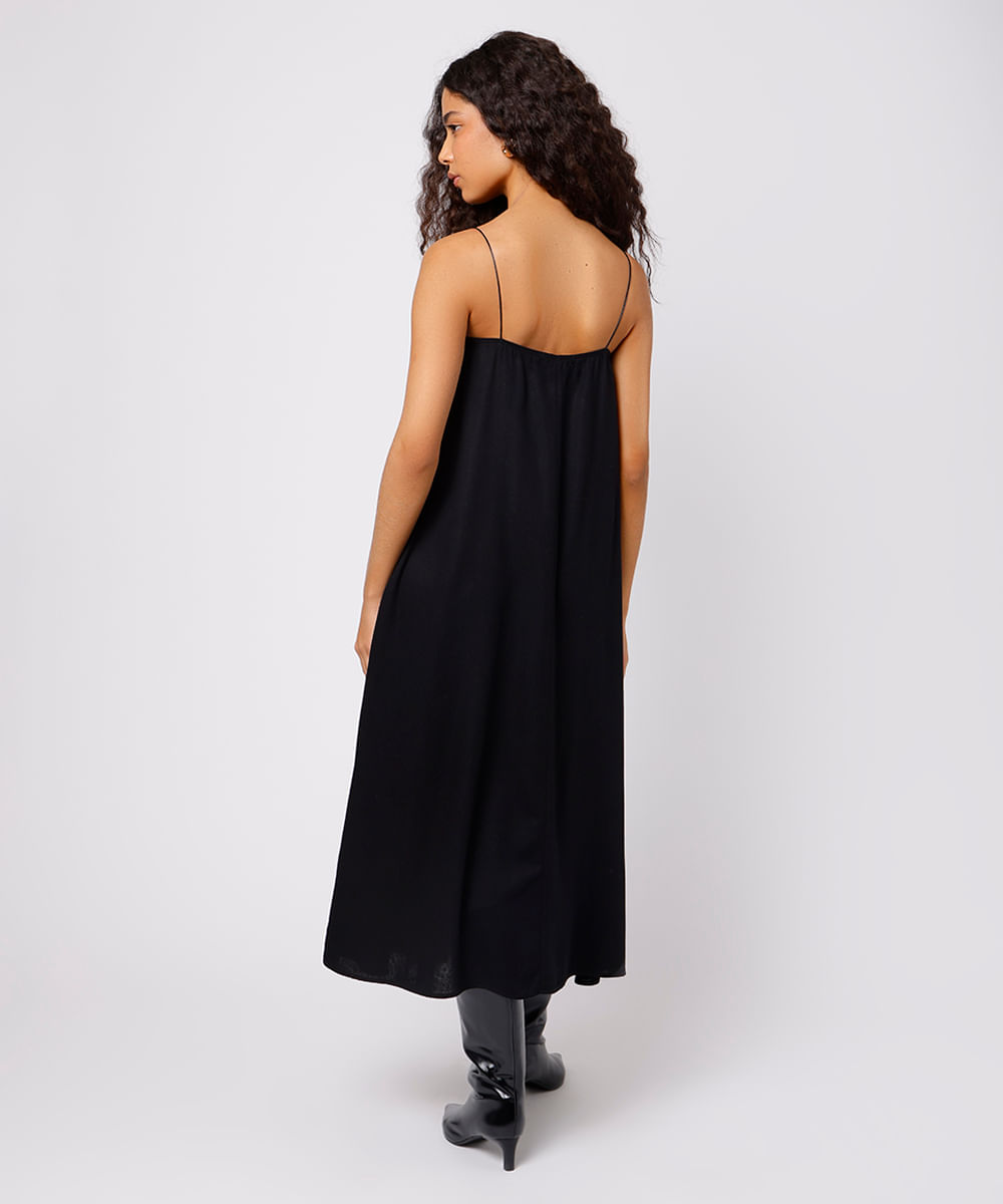 vestido midi slip dress com linho e renda mindset preto