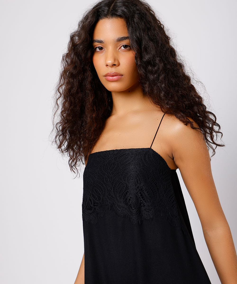 vestido midi slip dress com linho e renda mindset preto