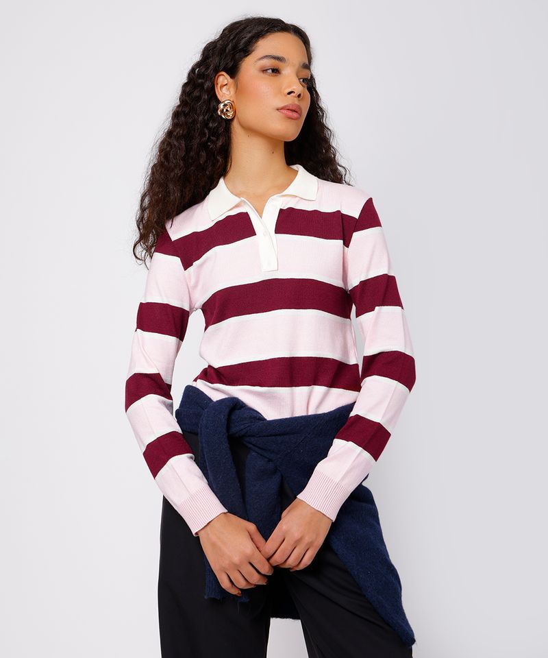 polo feminina de tricot listrada mindset rosa