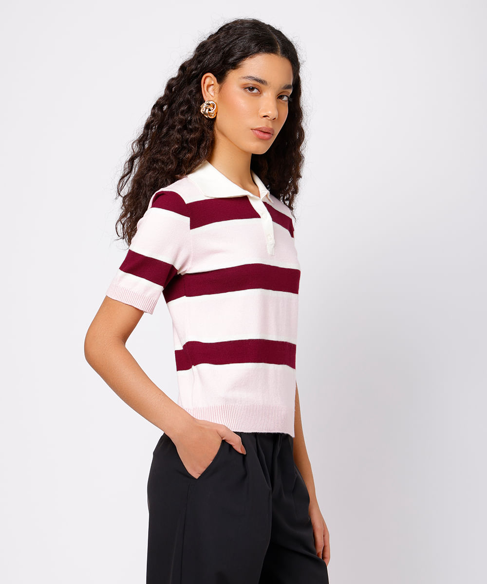 polo feminina de tricot manga curta listrada mindset rosa