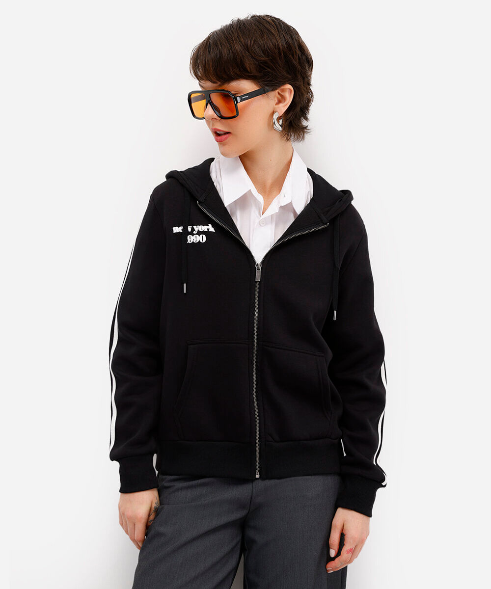blusão feminino de moletom felpado com capuz preto