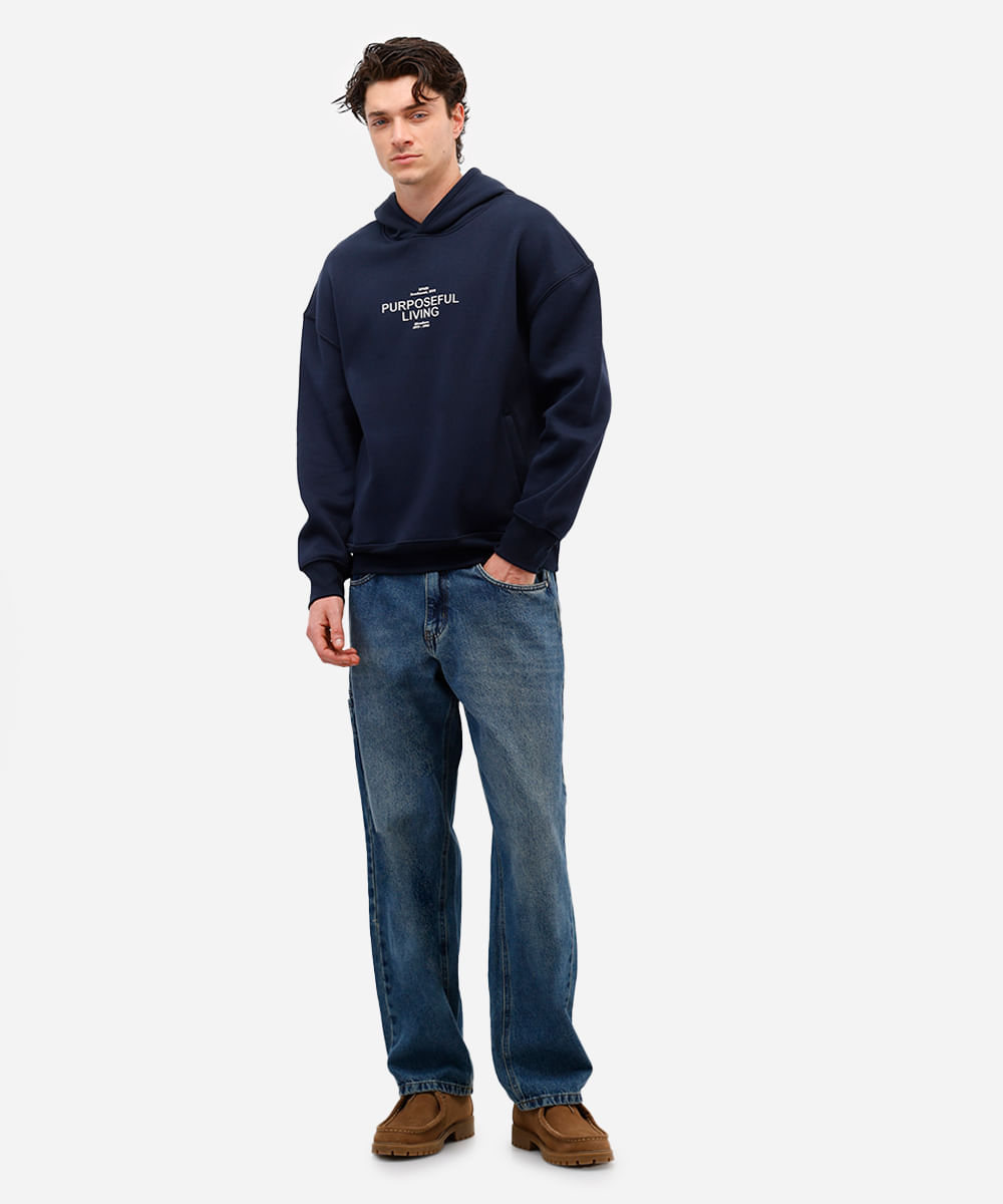 blusão masculino de moletom felpado com capuz estampado azul