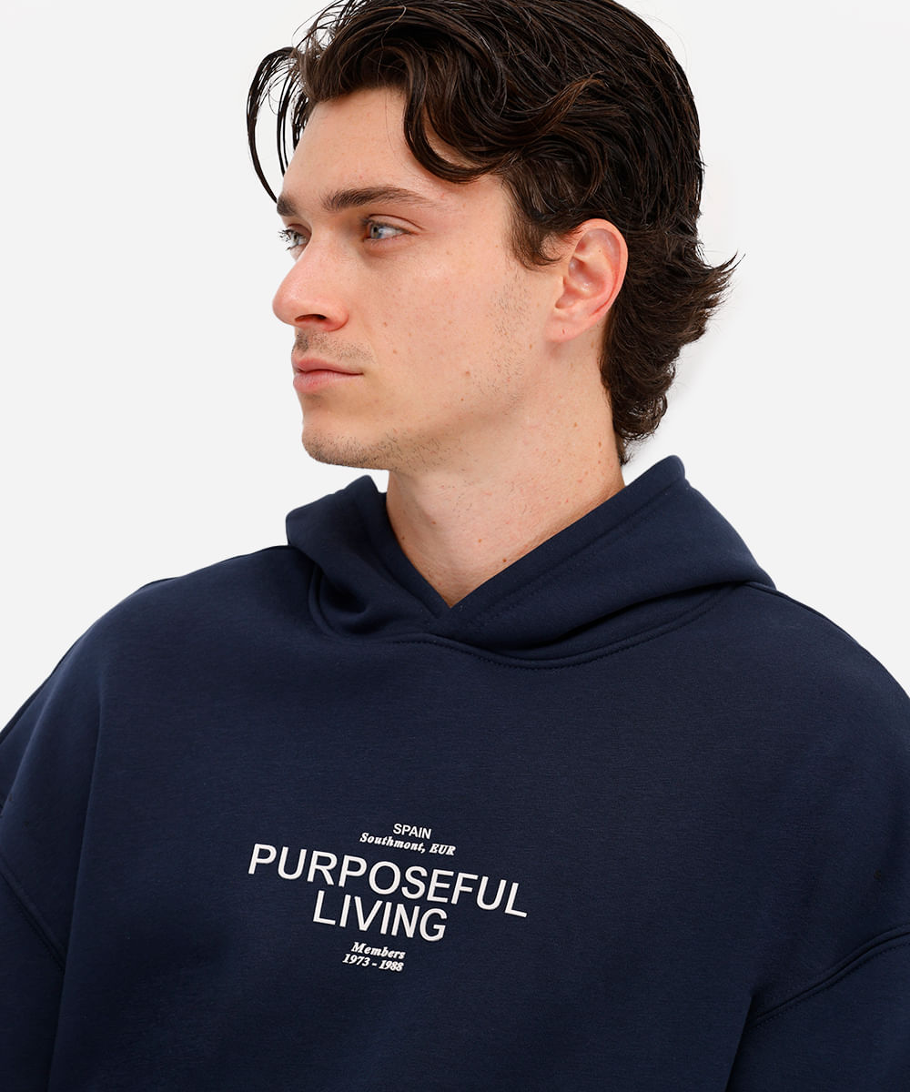blusão masculino de moletom felpado com capuz estampado azul