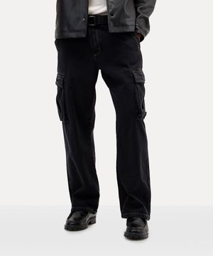 calça jeans wide leg cargo preta