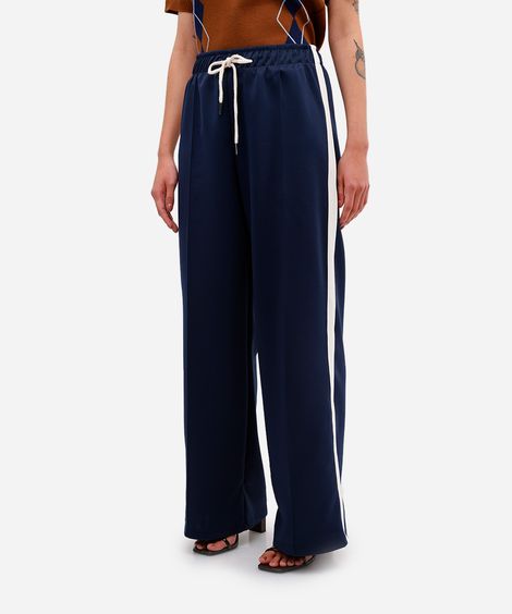 calça wide leg feminina cós com elástico bicolor azul