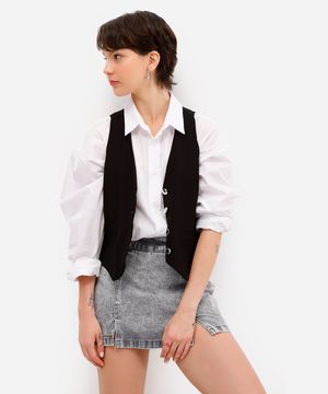 short saia feminino jeans com fendas cinza