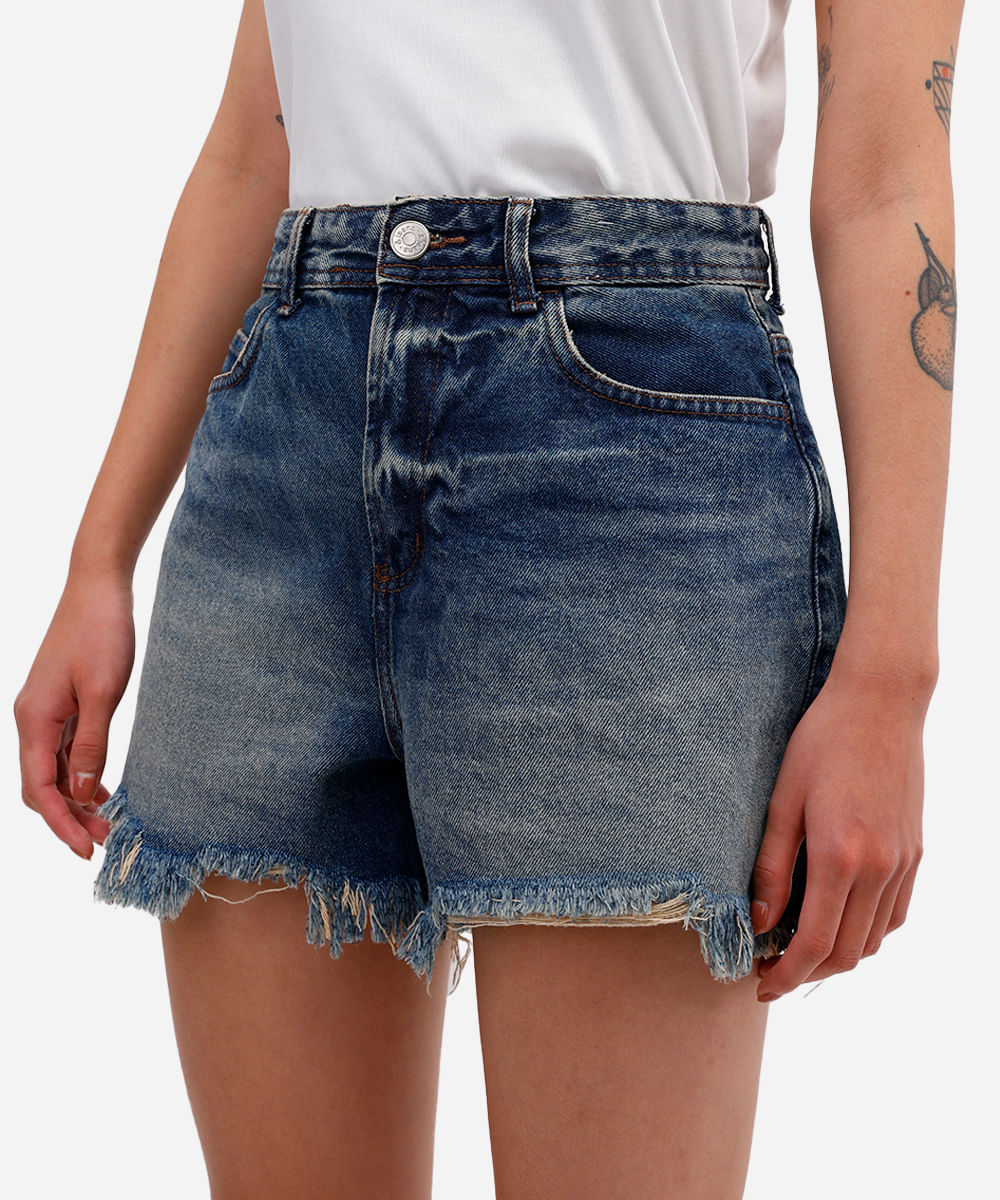short mom feminino jeans destroyed dirty azul