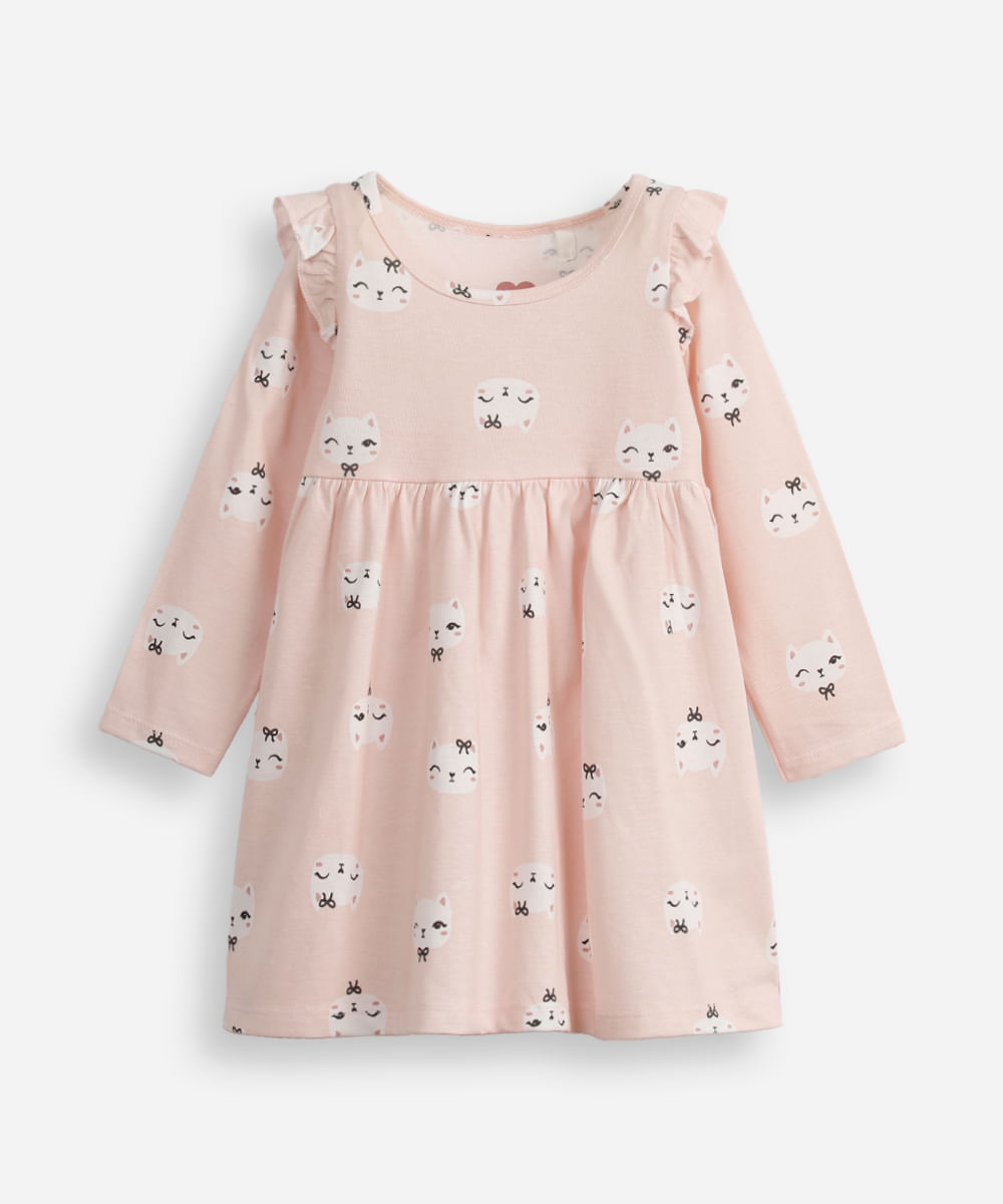 vestido infantil manga longa gatinha rosa