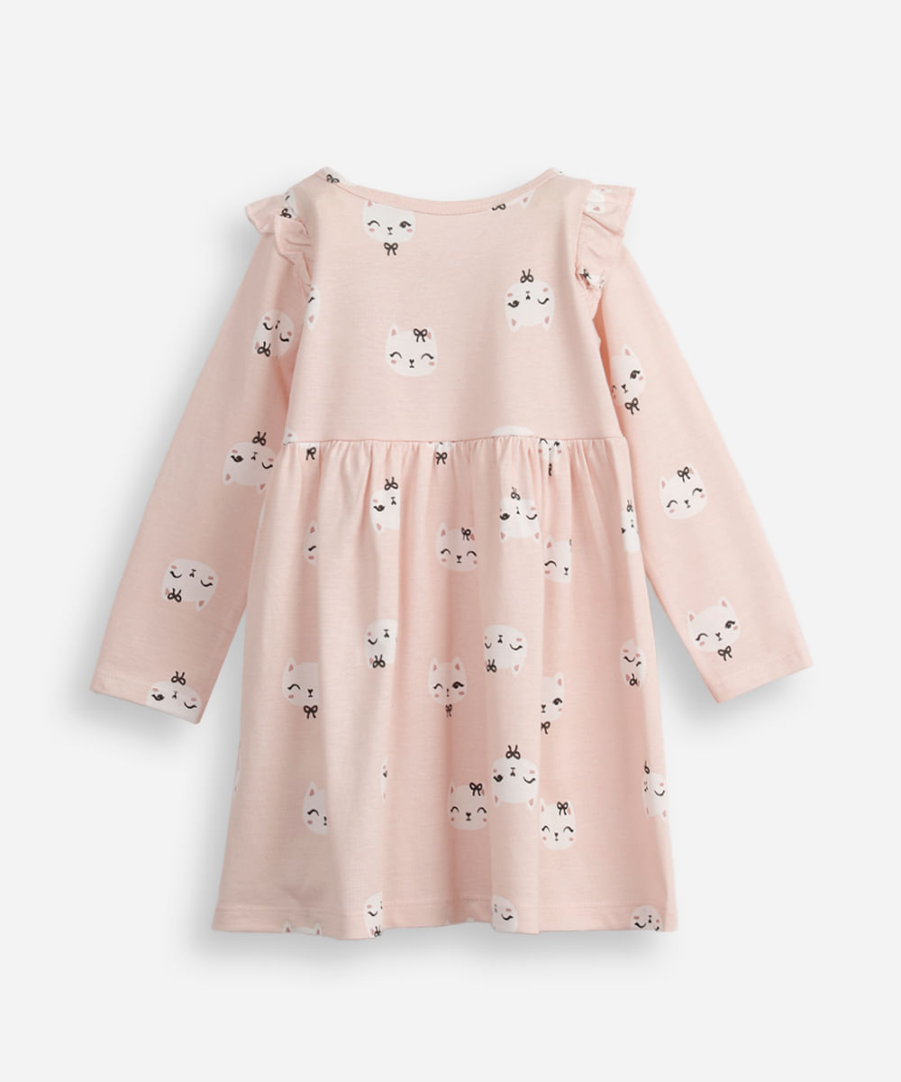 vestido infantil manga longa gatinha rosa