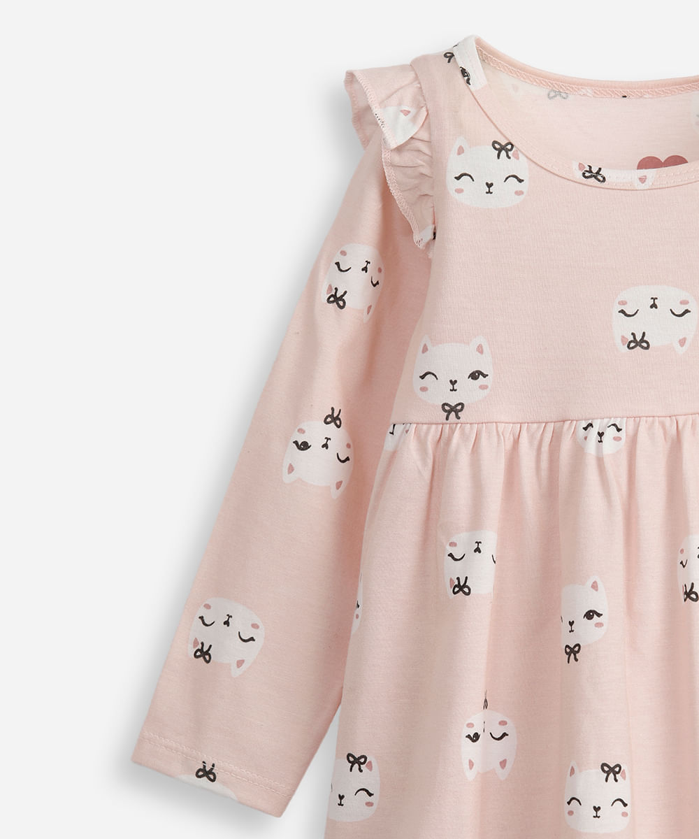 vestido infantil manga longa gatinha rosa