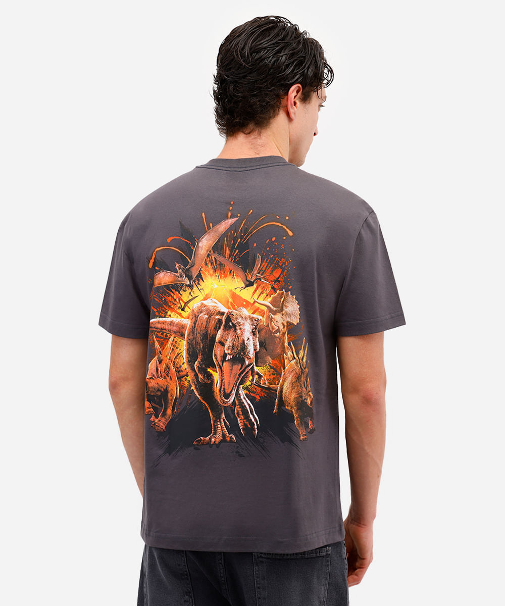 camiseta masculina de algodão jurassic park cinza