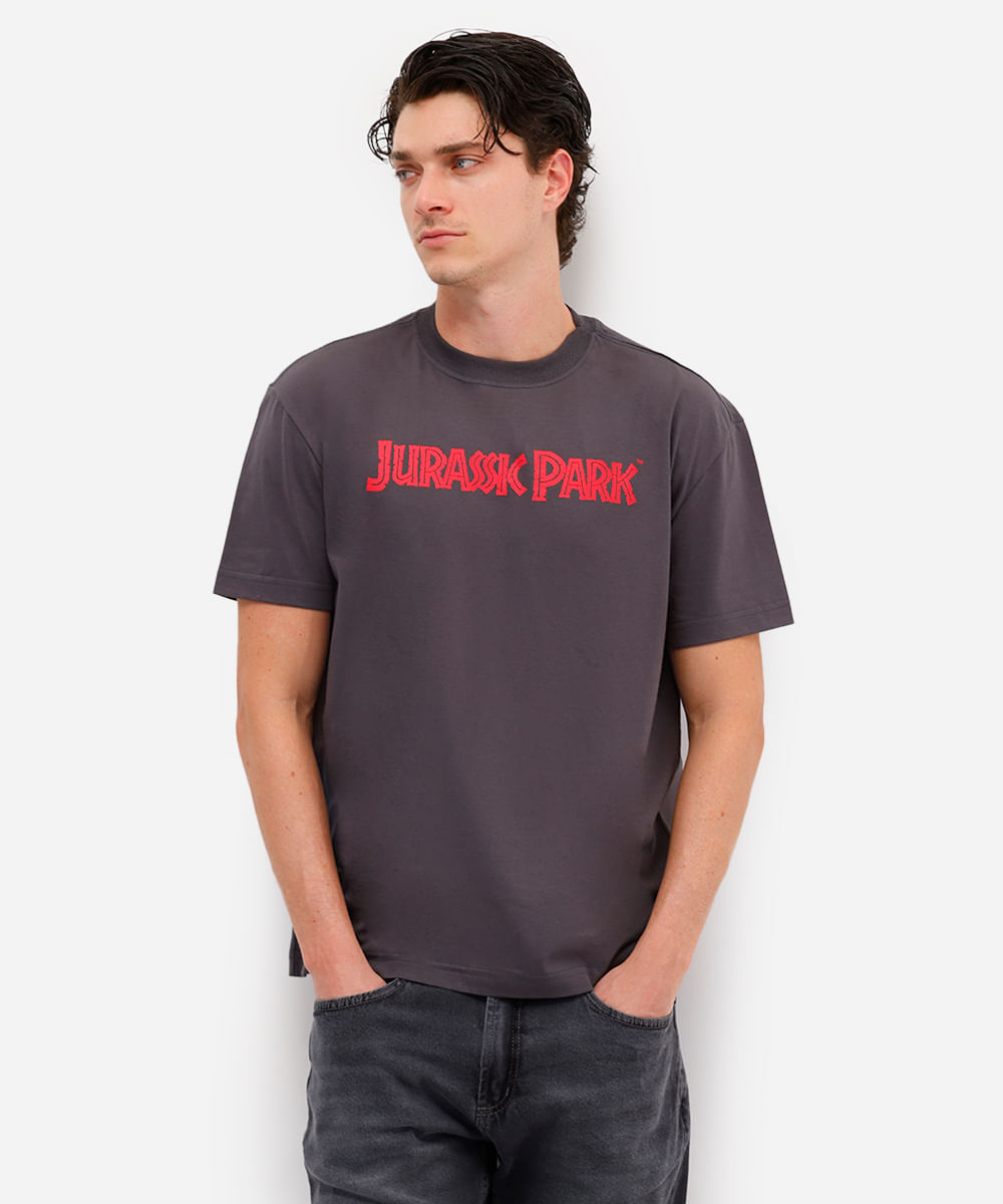 camiseta masculina de algodão jurassic park cinza