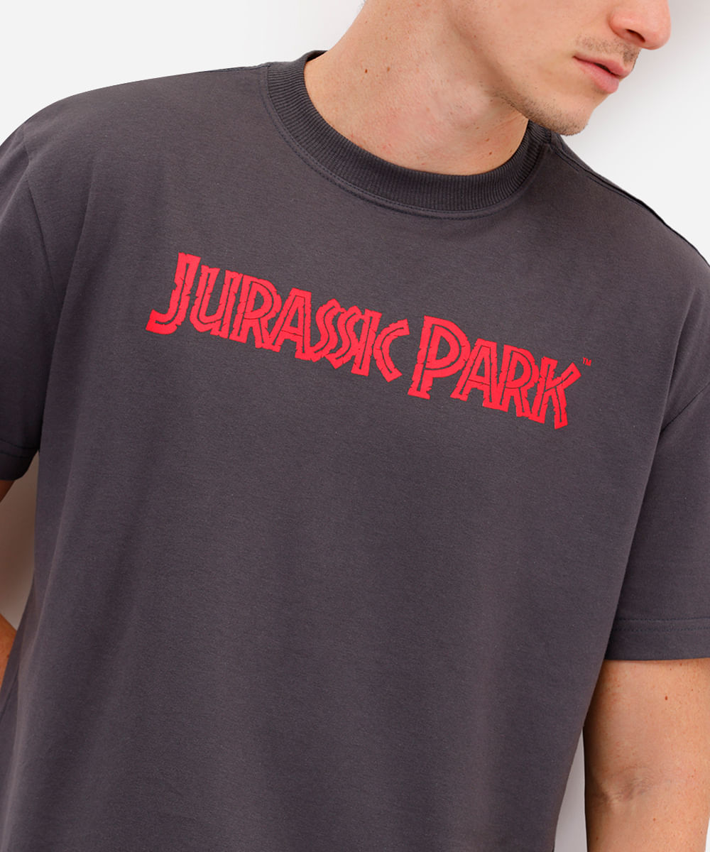 camiseta masculina de algodão jurassic park cinza