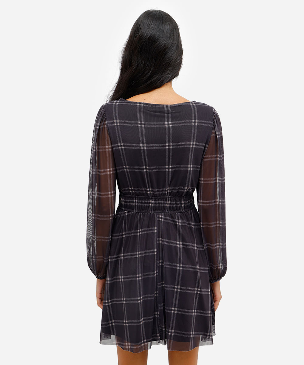 vestido curto feminino de tule xadrez preto