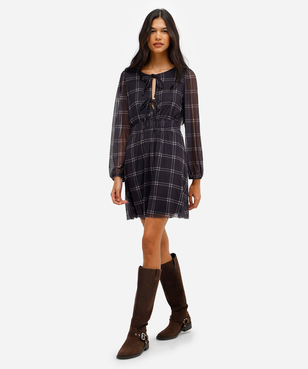 vestido curto feminino de tule xadrez preto