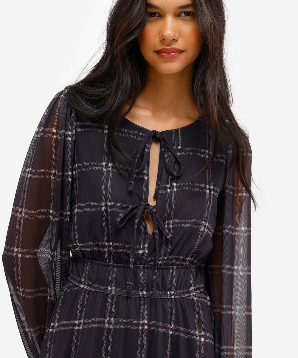 vestido curto feminino de tule xadrez preto