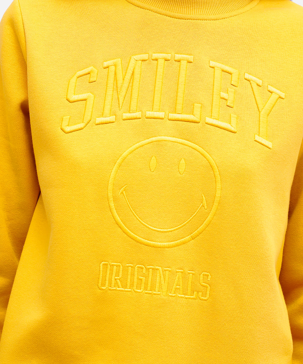 blusão feminino de moletom felpado com bordado smiley amarelo