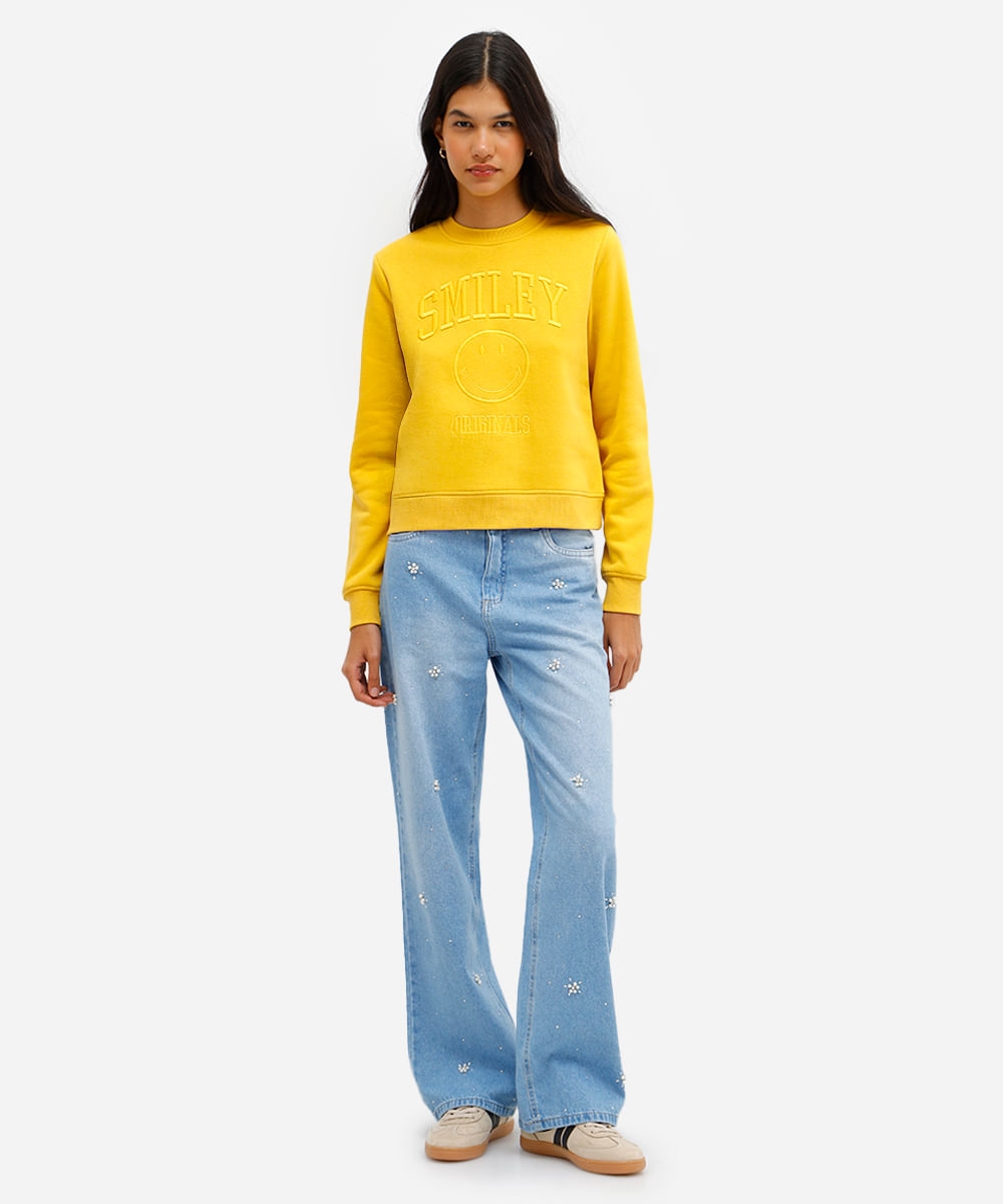 blusão feminino de moletom felpado com bordado smiley amarelo