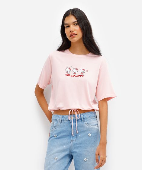 camiseta feminina de viscose hello kitty com amarração rosa
