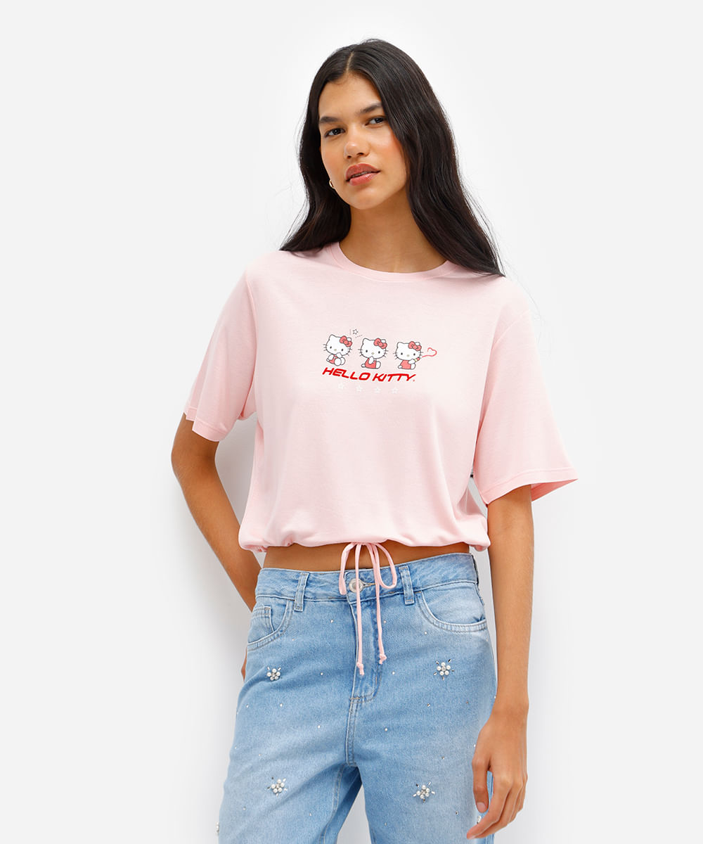 camiseta feminina de viscose hello kitty com amarração rosa