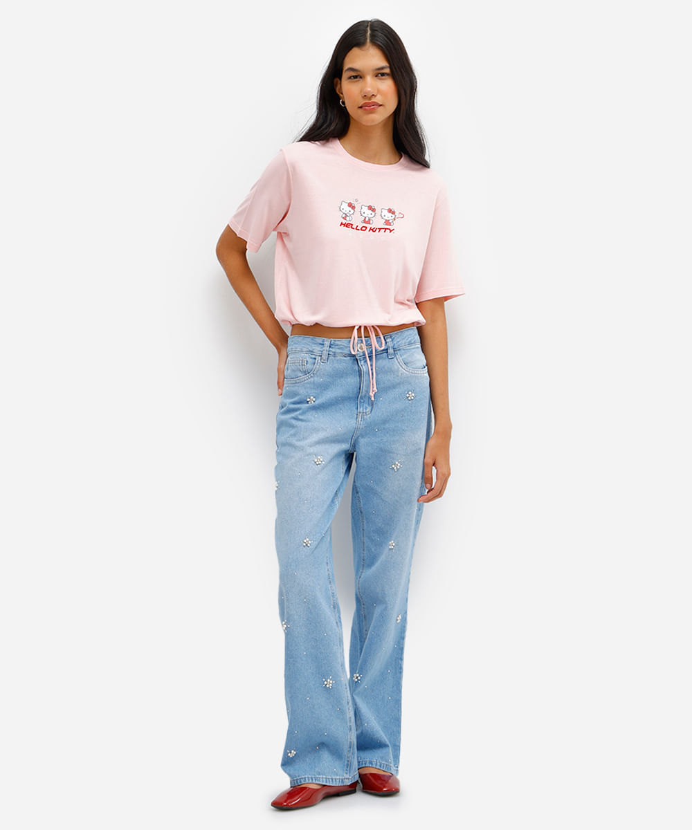 camiseta feminina de viscose hello kitty com amarração rosa