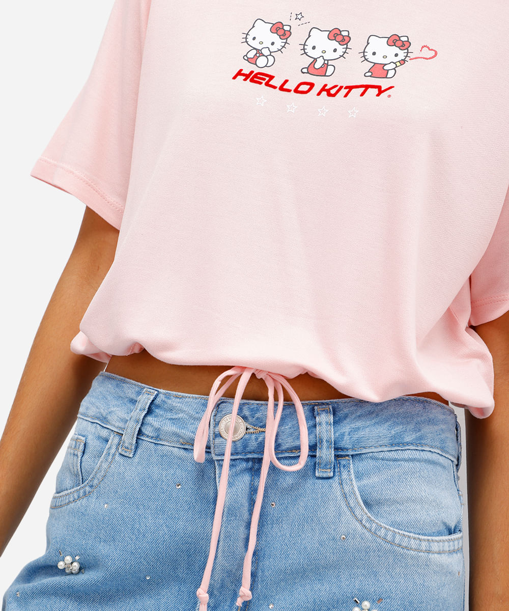 camiseta feminina de viscose hello kitty com amarração rosa