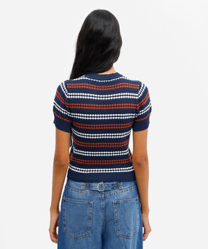blusa feminina de tricot manga curta texturizada listrada azul