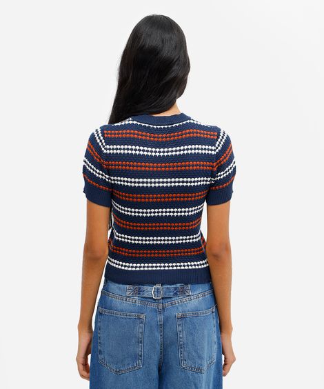 blusa feminina de tricot manga curta texturizada listrada azul