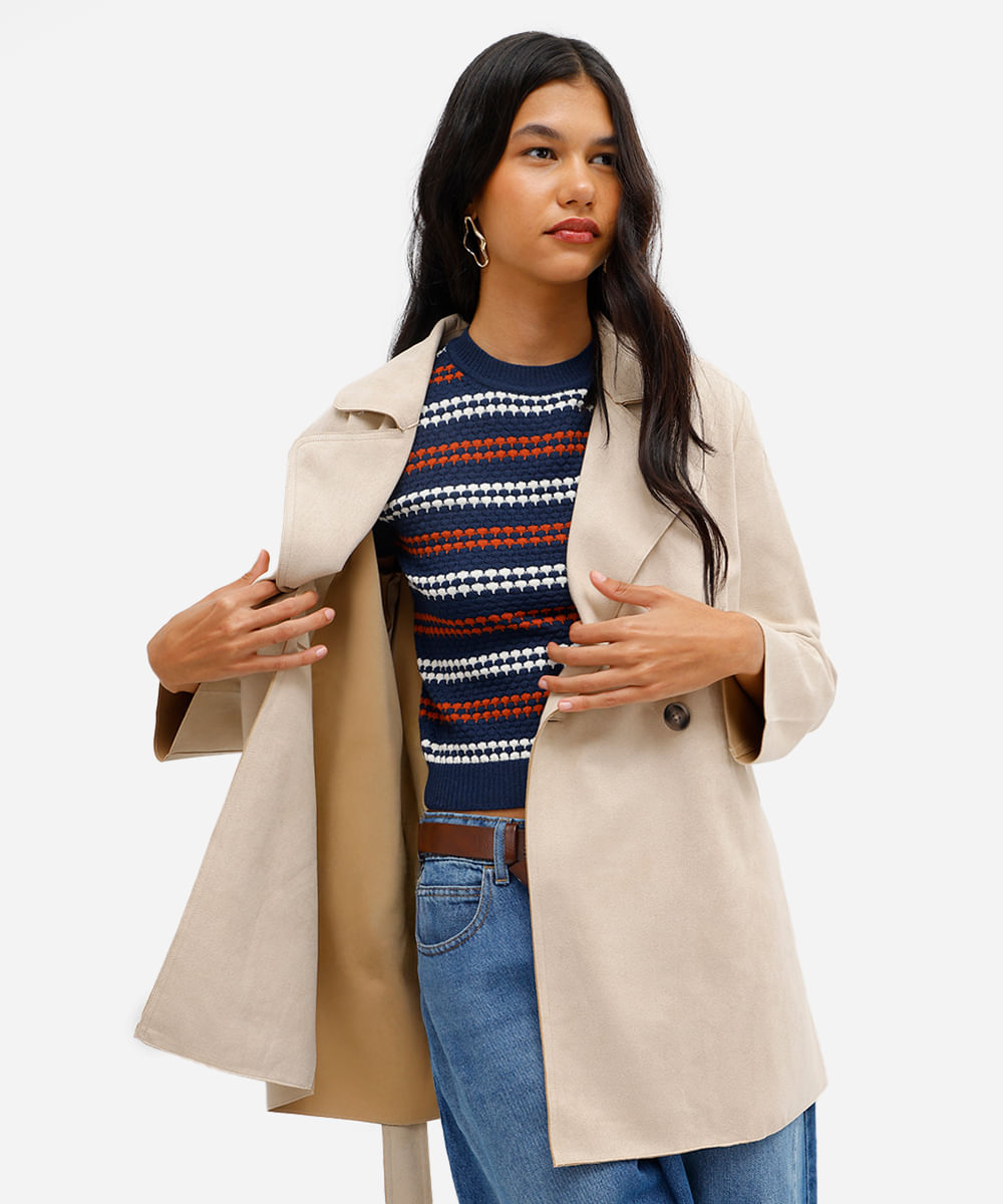blusa feminina de tricot manga curta texturizada listrada azul