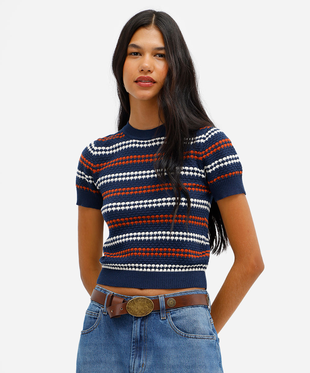 blusa feminina de tricot manga curta texturizada listrada azul