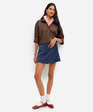 short saia feminino de veludo cotelê azul