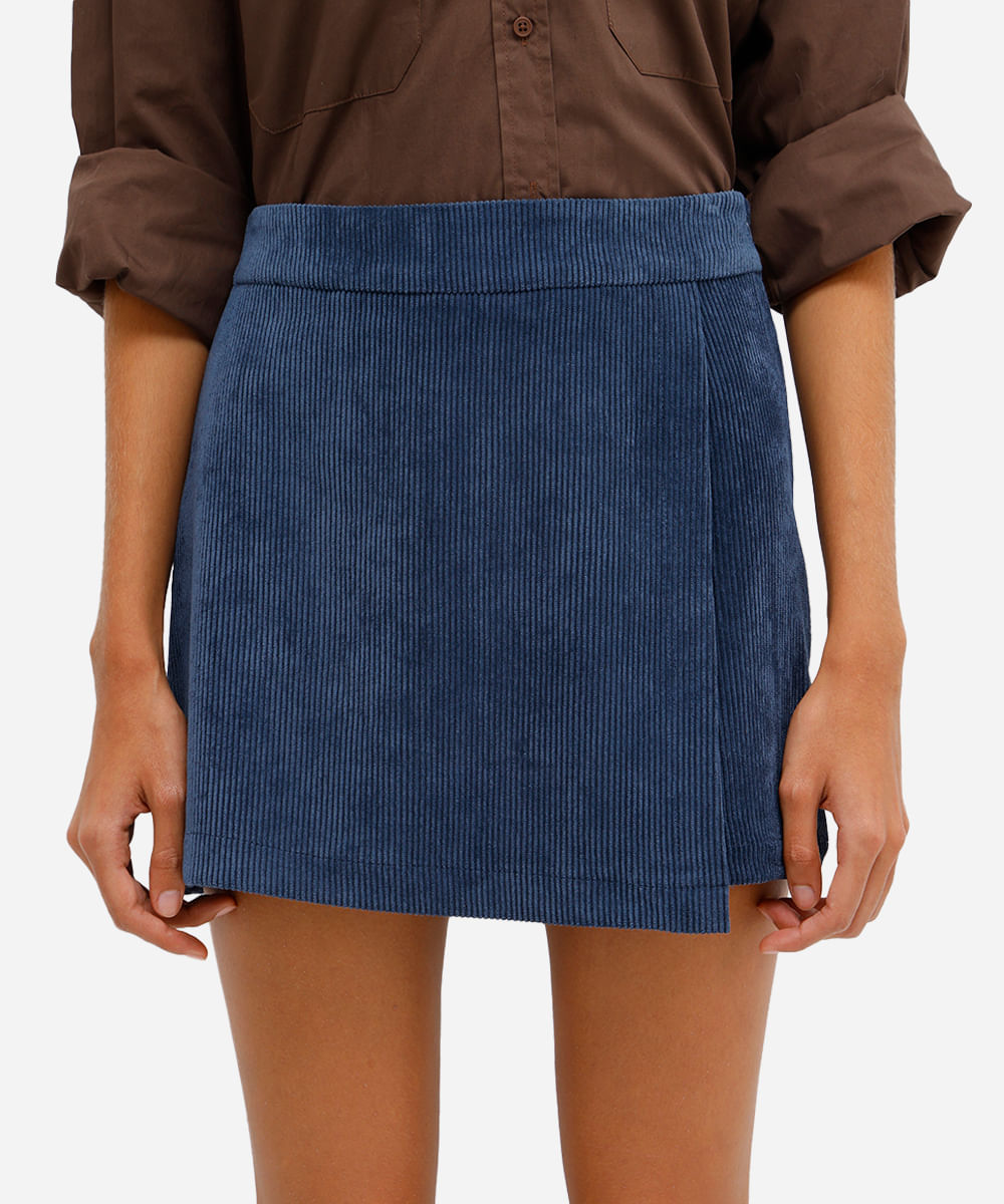 short saia feminino de veludo cotelê azul