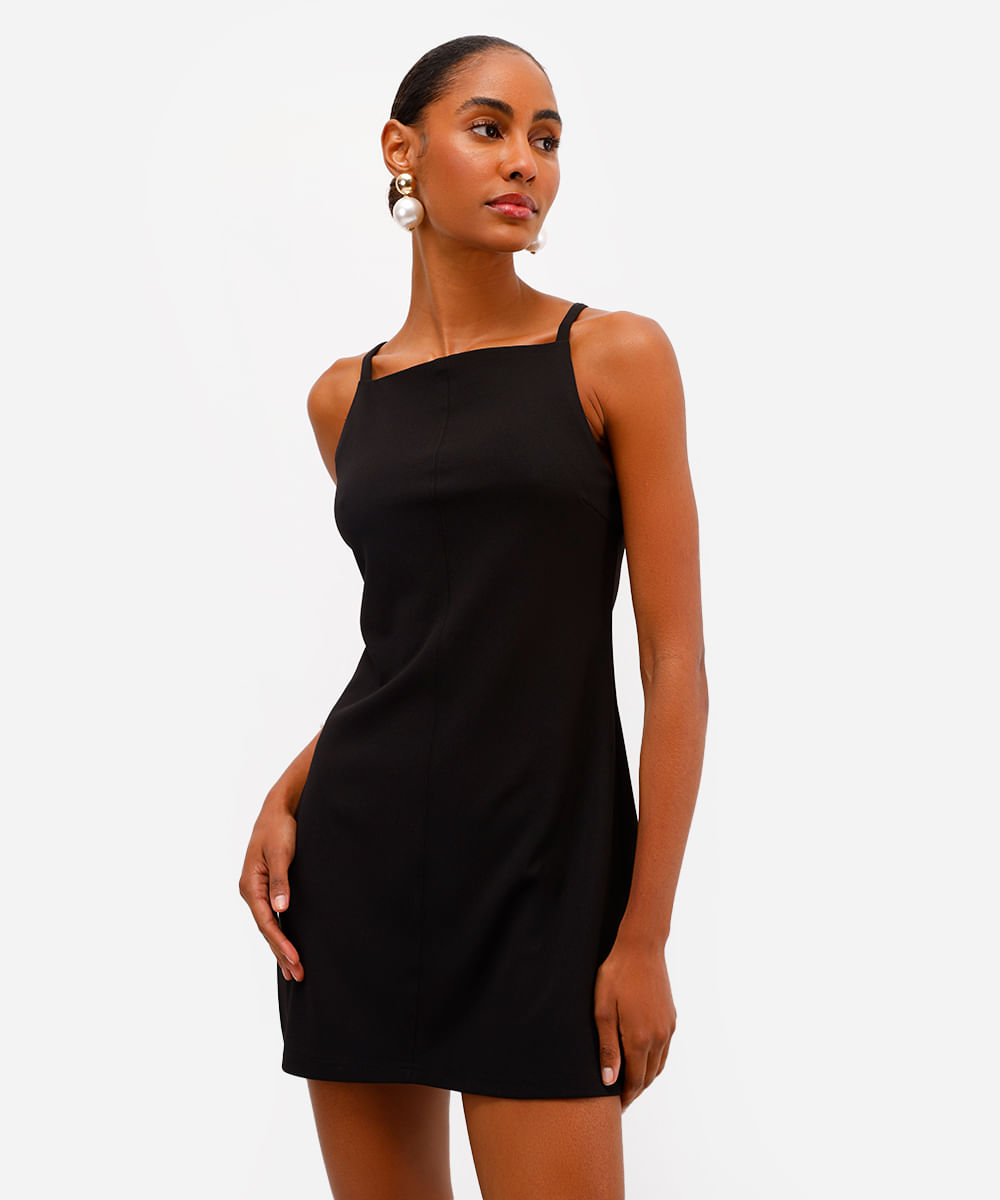 vestido curto feminino alça fina decote quadrado preto