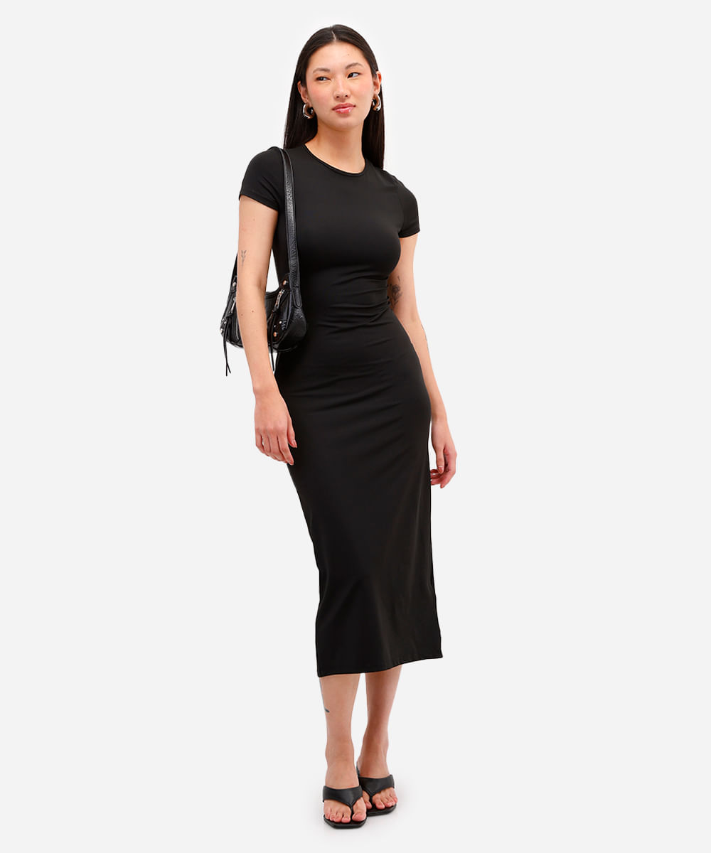 vestido básico feminino de poliamida com fenda preto