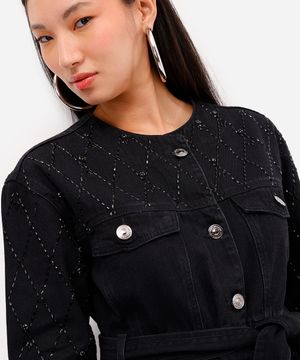 parka feminina jeans com brilhos preta