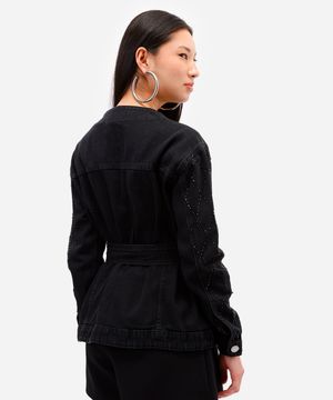 parka feminina jeans com brilhos preta