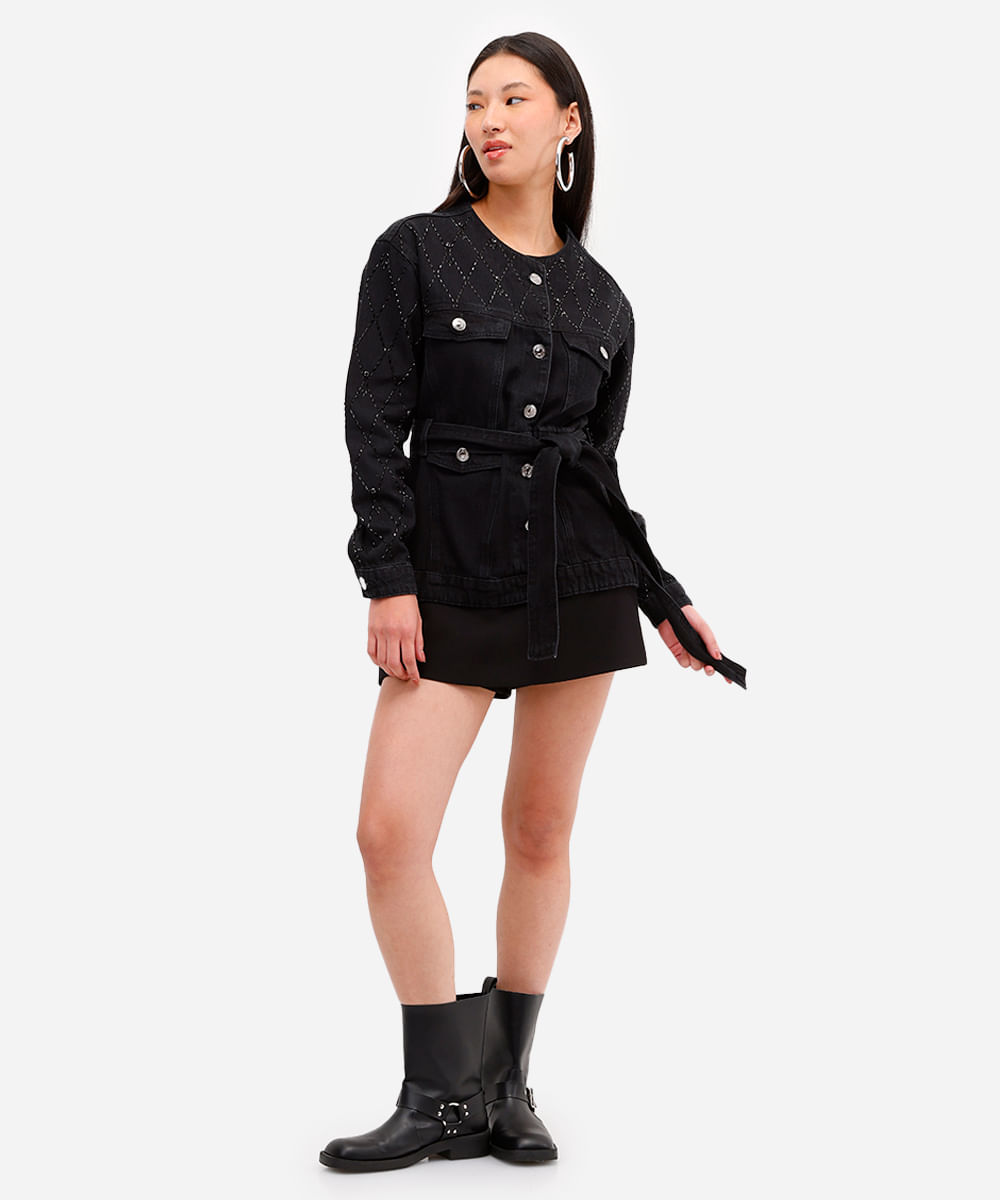 parka feminina jeans com brilhos preta