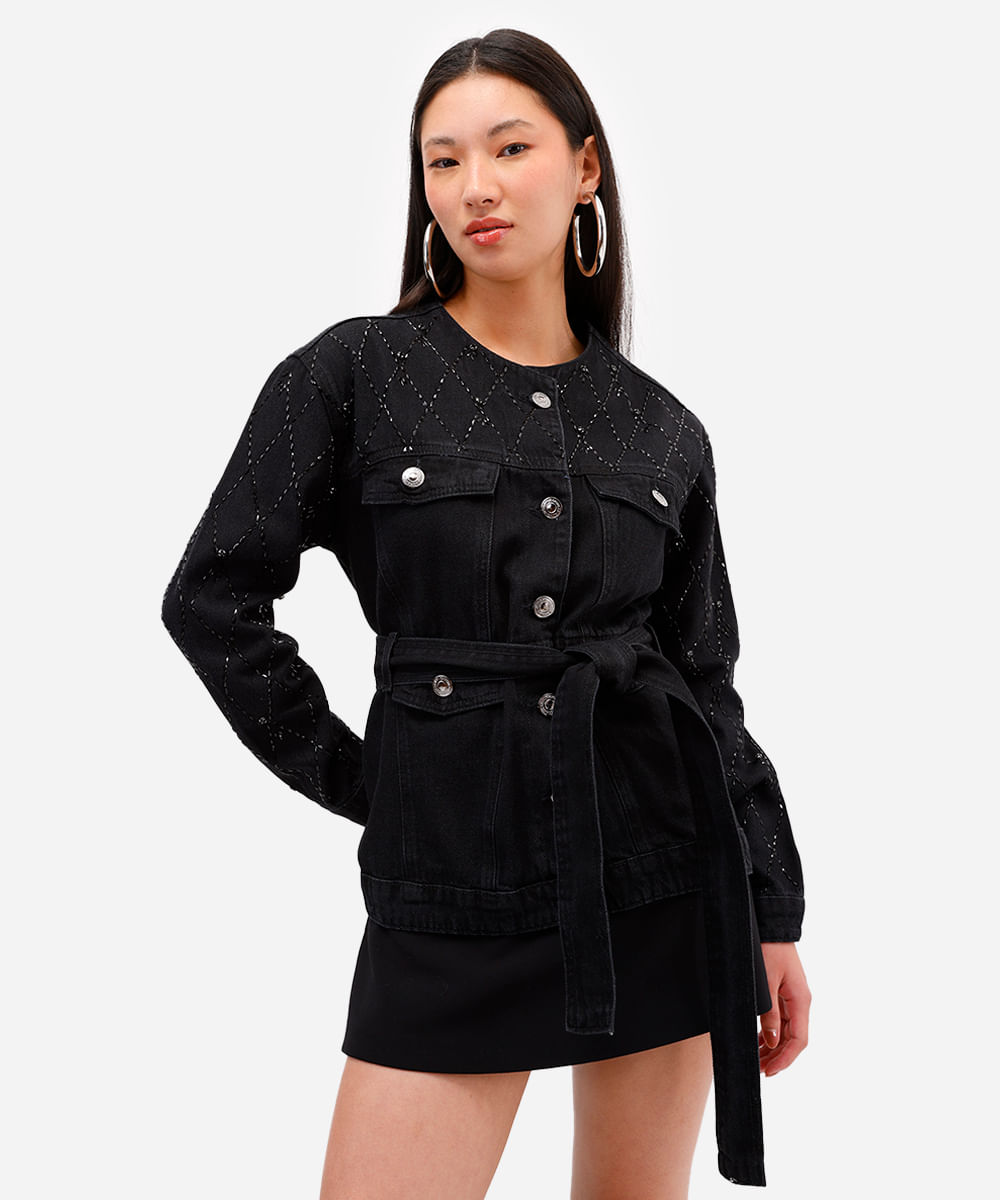 parka feminina jeans com brilhos preta